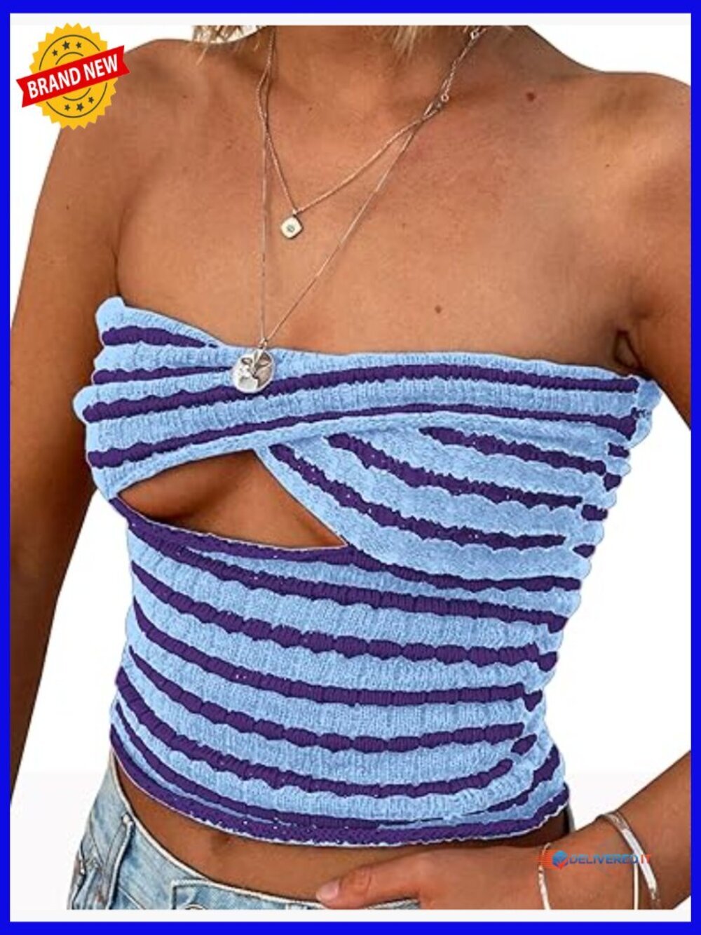 Striped Knit Bandeau Crop Top Strapless Backless Twist Front